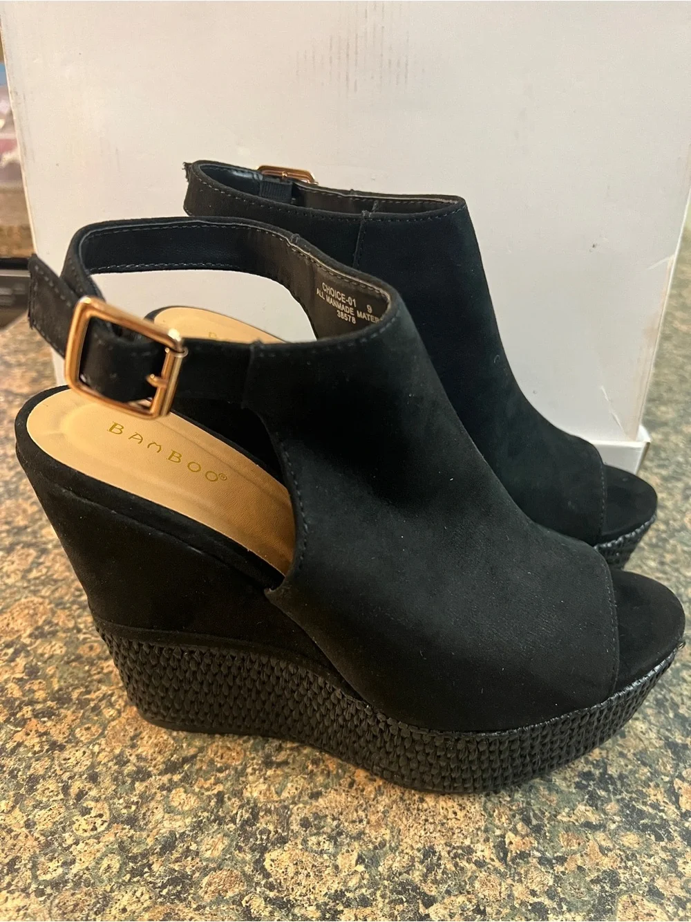 BAMBOO Black Suede Peep-Toe Wedge Sandals with Gold Buckle